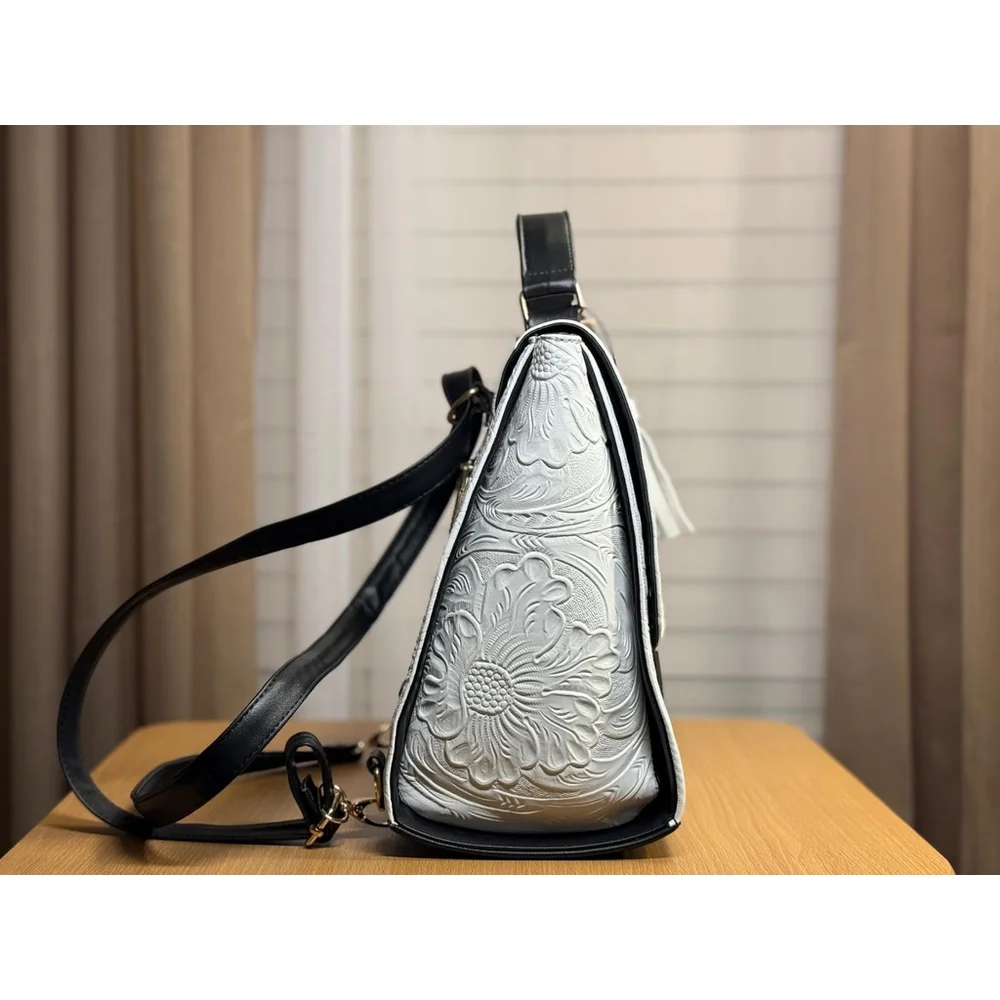 LEATHER Black & White BACKPACK Embossed Tooled Artisan Shoulder Bag Purse Hobo